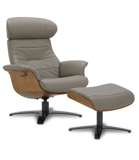 Manual Relax Armchair and Pouf - Leather and Natural Oak - VEGA - Brownish-grey