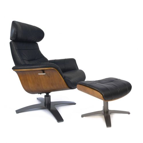 Fauteuil et Pouf relax manuel - Cuir et Chêne Naturel - VEGA