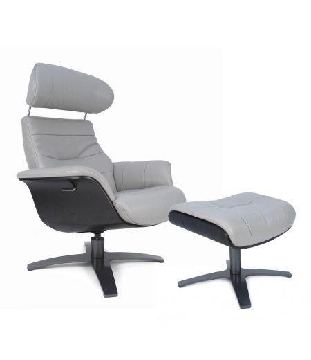 Armchair and Pouf manual relax - Leather and Black Oak - VEGA - Grey