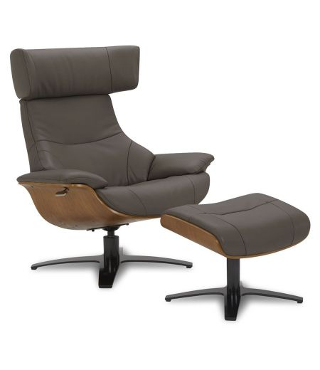 Leather and natural oak armchair + pouf set - Naos