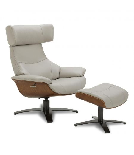 Leather and natural oak armchair + pouf set - Naos - Grey