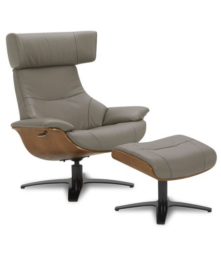 Leather and natural oak armchair + pouf set - Naos - Brownish-grey