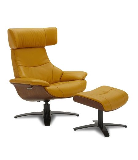 Leather and natural oak armchair + pouf set - Naos - Yellow