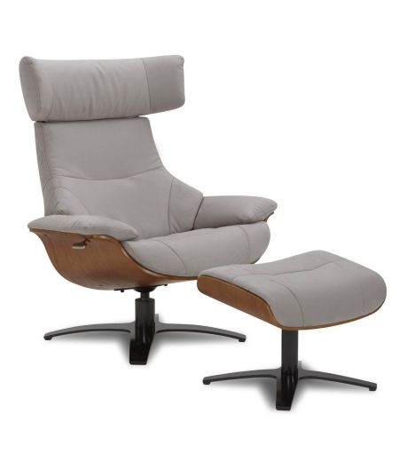 Microfiber and Natural Oak Armchair + Pouf Set - Naos