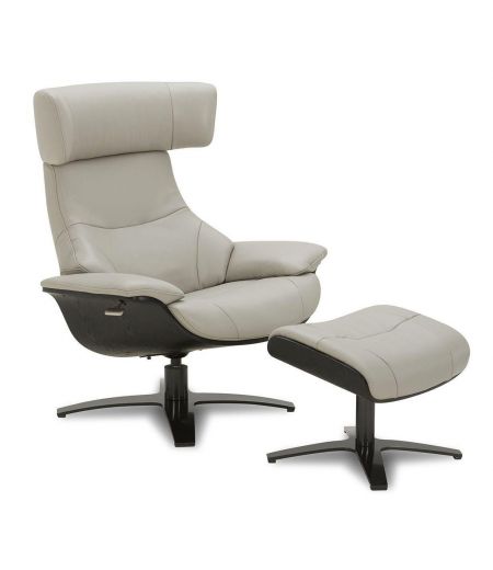 Leather and black oak armchair + pouf set - Naos - Grey