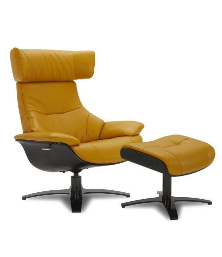 Leather and black oak armchair + pouf set - Naos - Yellow