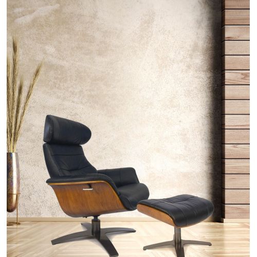 Fauteuil et Pouf relax manuel - Cuir et Chêne Naturel - VEGA