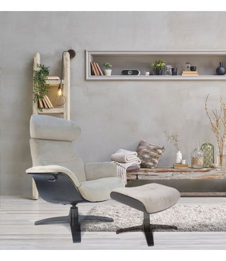 Fauteuil et Pouf relax manuel - Velours et Chêne Noir - VEGA