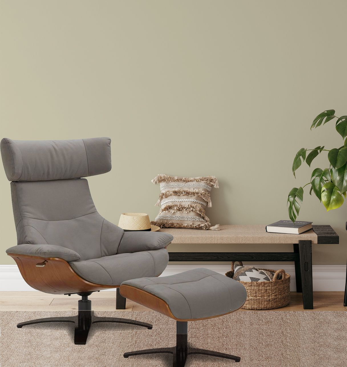 copy of Sillón y puf de piel roja y roble natural - NAOS