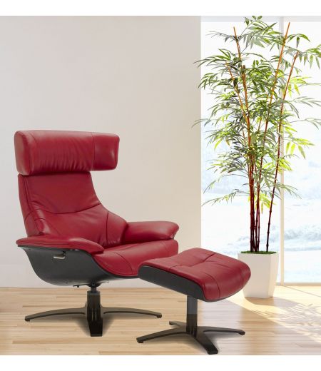 copy of Sillón y puf de piel roja y roble natural - NAOS