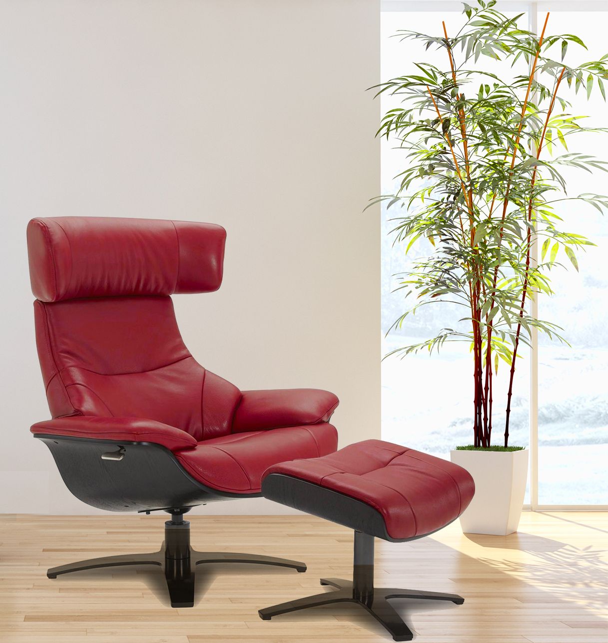 copy of Sillón y puf de piel roja y roble natural - NAOS