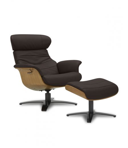 Sillón y Puf Relax Manual - Piel y Roble Natural - VEGA - Marrón