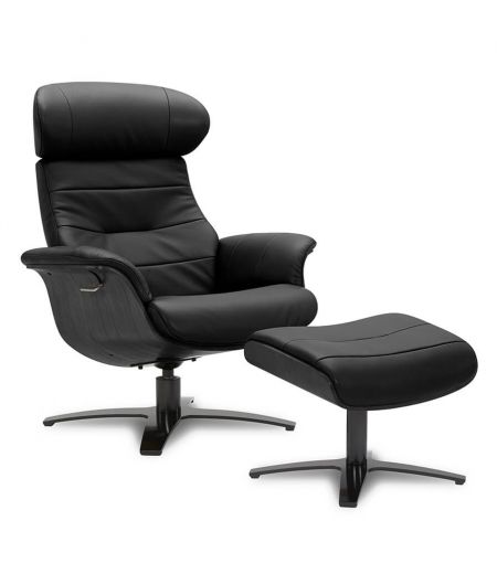 Fauteuil et Pouf relax manuel - Cuir et Chêne Noir - VEGA - Noir
